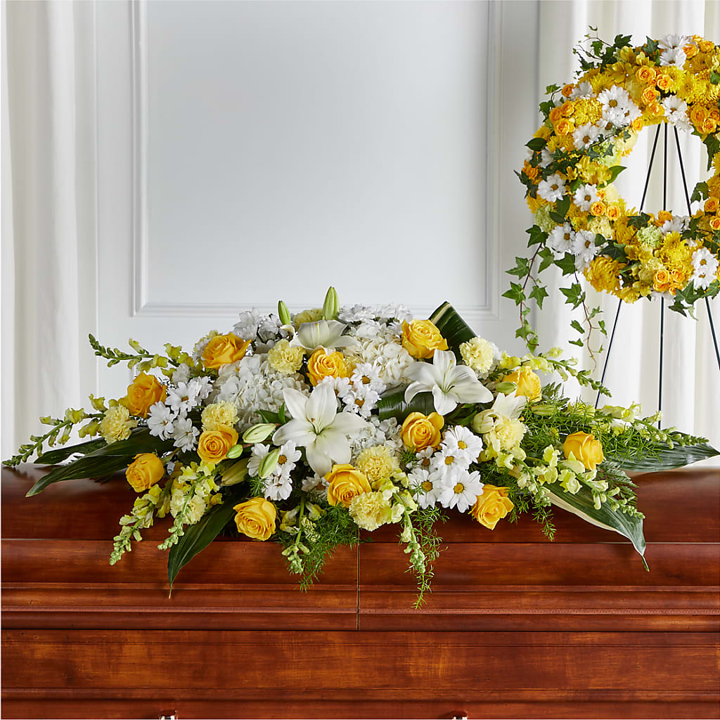 Golden Harmony Casket Spray – THE FLORAL SHOP BY LOWE'S NURSERY, Morganton NC