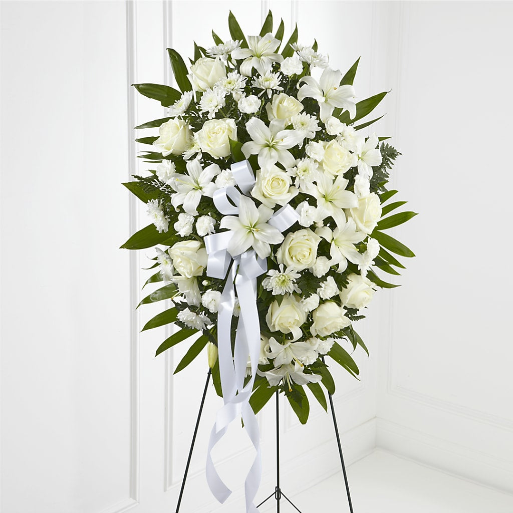 Exquisite Tribute Standing Spray-White Ribbon – THE FLORAL SHOP BY LOWE'S NURSERY, Morganton NC